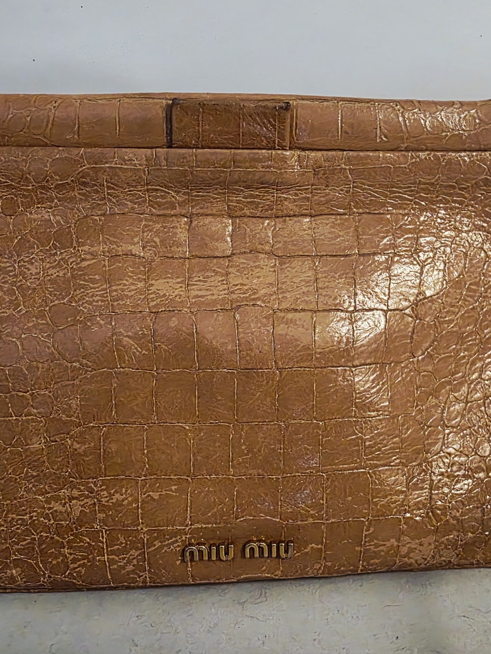 Vintage Miu Miu Cognac Embossed Leather Crossbody Bag Tan